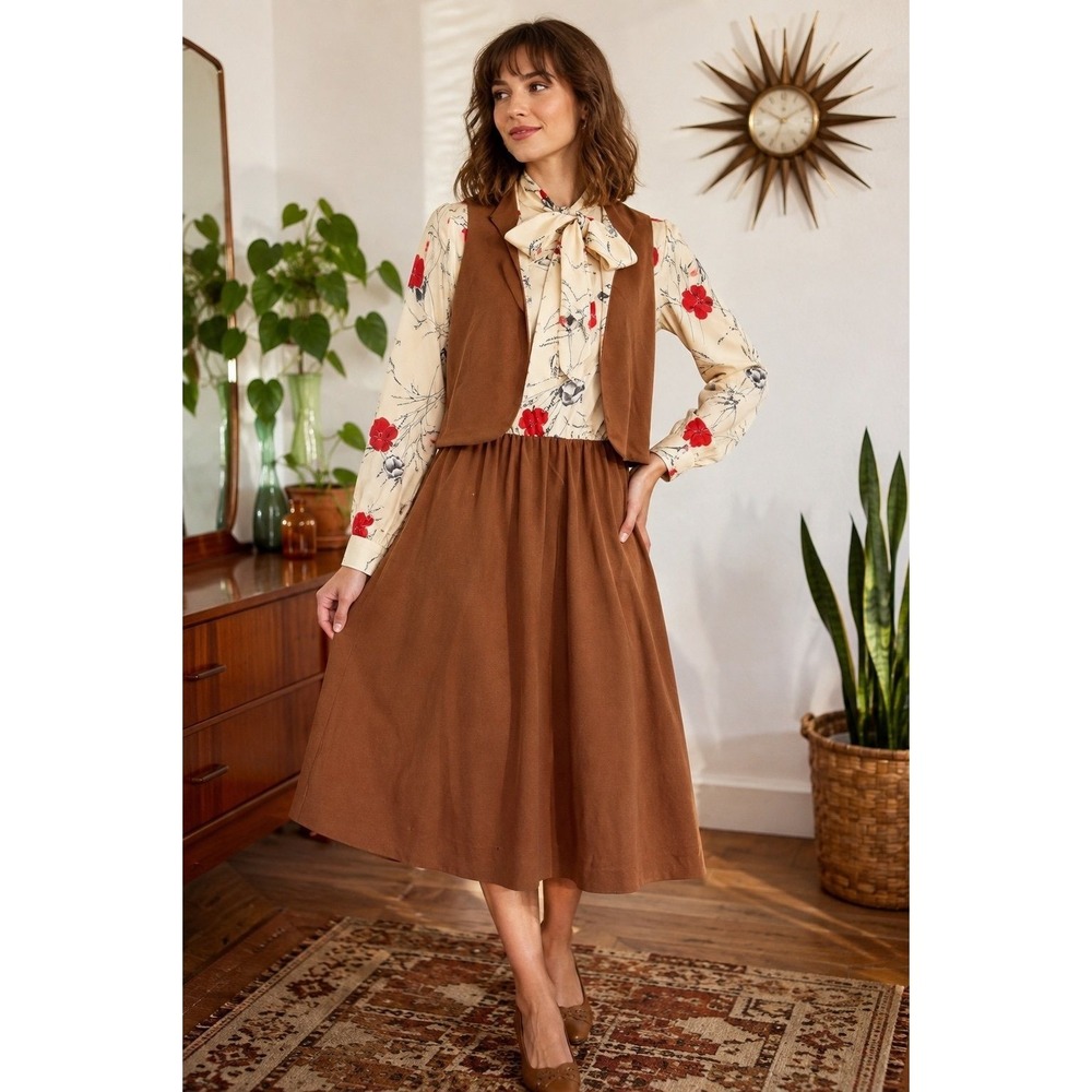Vintage Happenings Union Made USA Floral Bow Tie Midi Dress Vest Brown Red